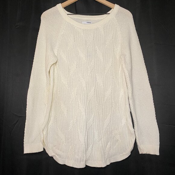 Sonoma Goods For Life Cableknit Sweater Womens L Cream Curved Hem Side Slits EUC - Picture 1 of 9